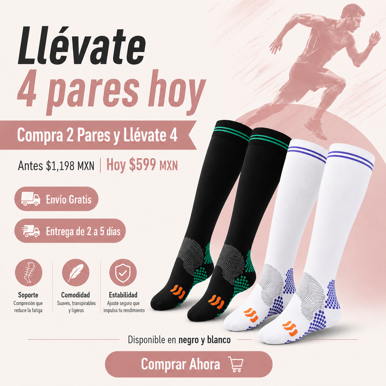 FlexRun™ Calcetines de Compresión Deportiva Solo Hoy: Compra 2 Pares y Llévate 4 + Envío Gratis